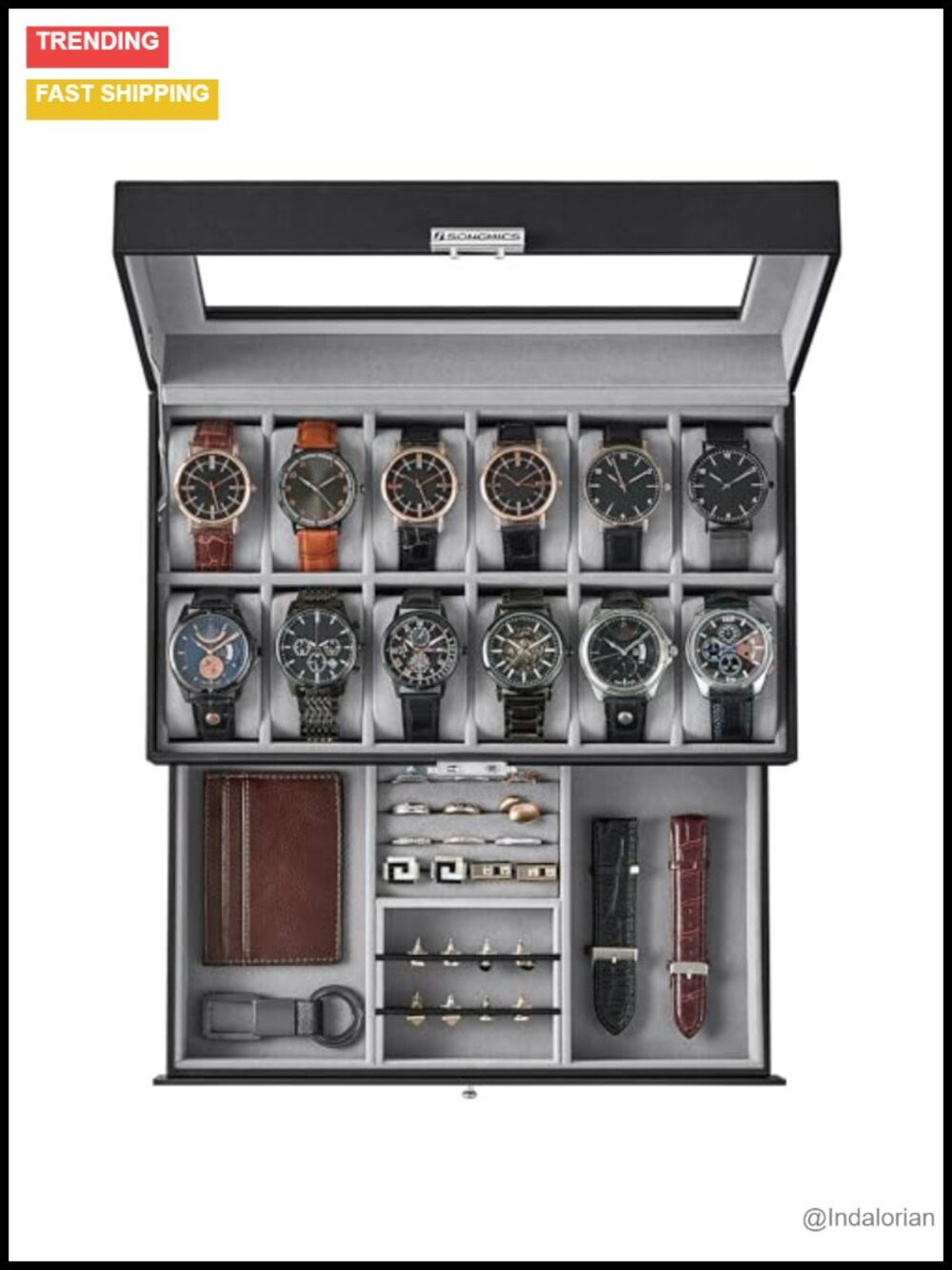 12-Slot Watch Box Organizer with Glass Lid, Metal Lock, PU Leather, 2-Layer